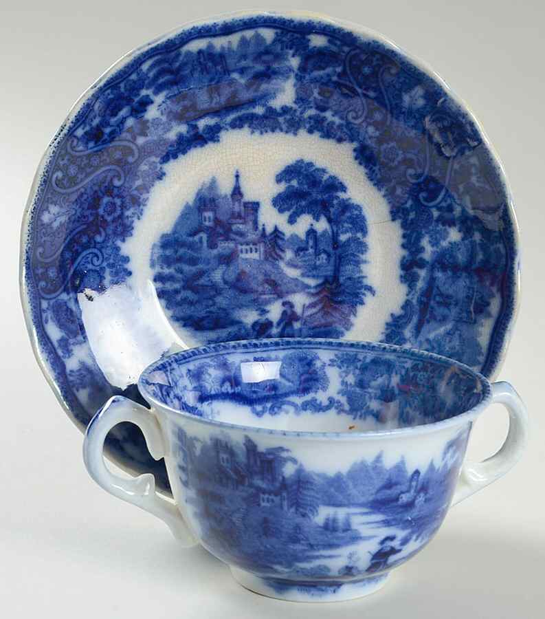 Non Pareil (Flow Blue) Footed Bouillon Cup & Saucer by Burgess & Leigh-1