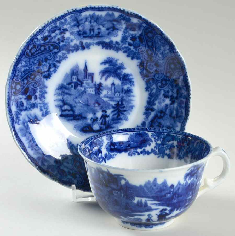 Non Pareil (Flow Blue) Flat Cup & Saucer Set by Burgess & Leigh-1