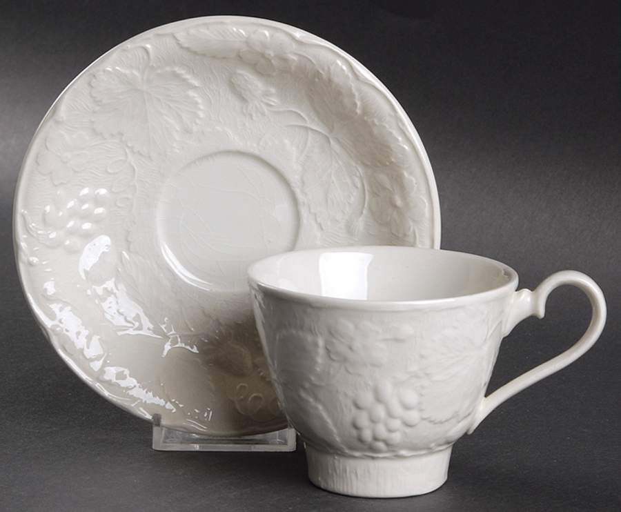 Strawberry and Grape Leaf White (Davenport) Footed Cup & Saucer Set by Burgess & Leigh-1