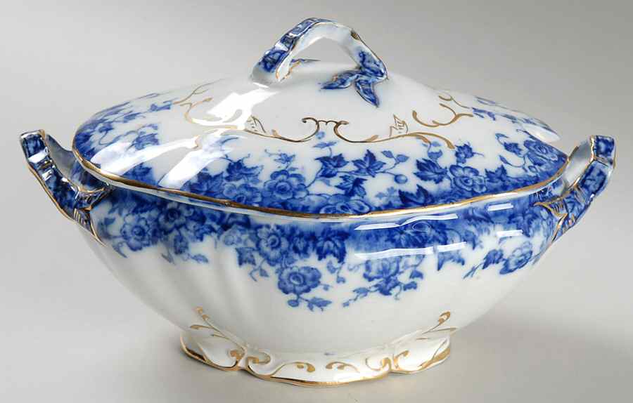 Vermont (Flow Blue) Gravy Boat & Lid by Burgess & Leigh-1