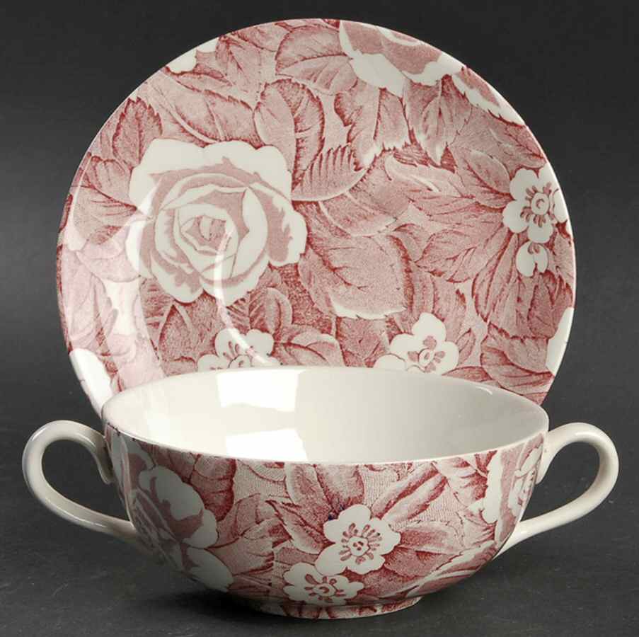 Victorian Chintz Pink Flat Cream Soup Bowl & Saucer Set by Burgess & Leigh-1