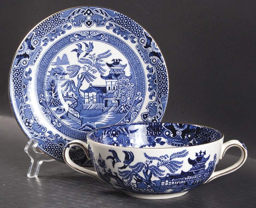 Willow Blue (Gold Trim) Flat Cream Soup Bowl & Saucer Set by Burgess & Leigh-1
