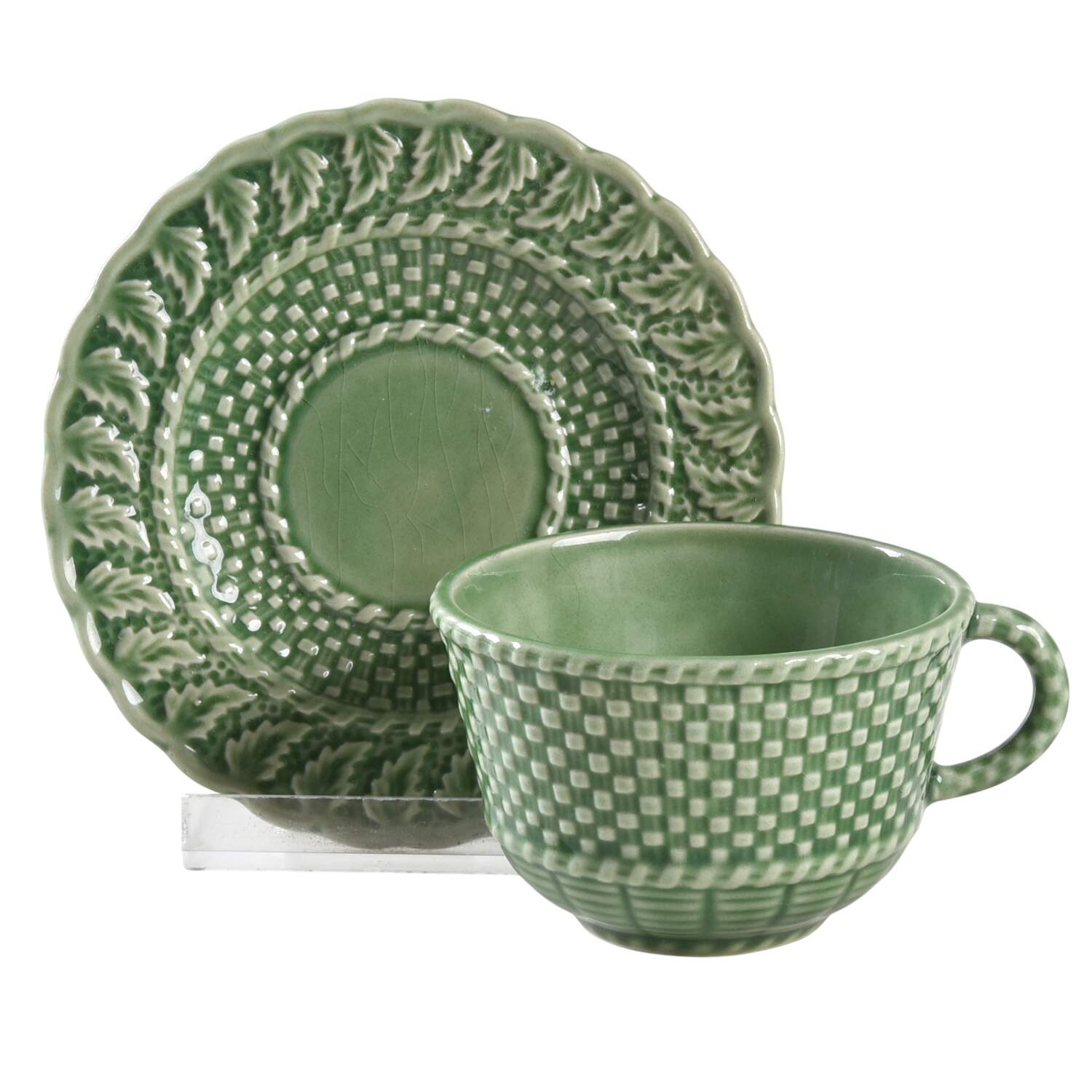Basketweave Green Footed Demitasse Cup & Saucer Set by Bordallo Pinheiro-1