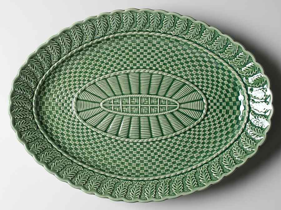 Basketweave Green 15" Oval Serving Platter by Bordallo Pinheiro-1