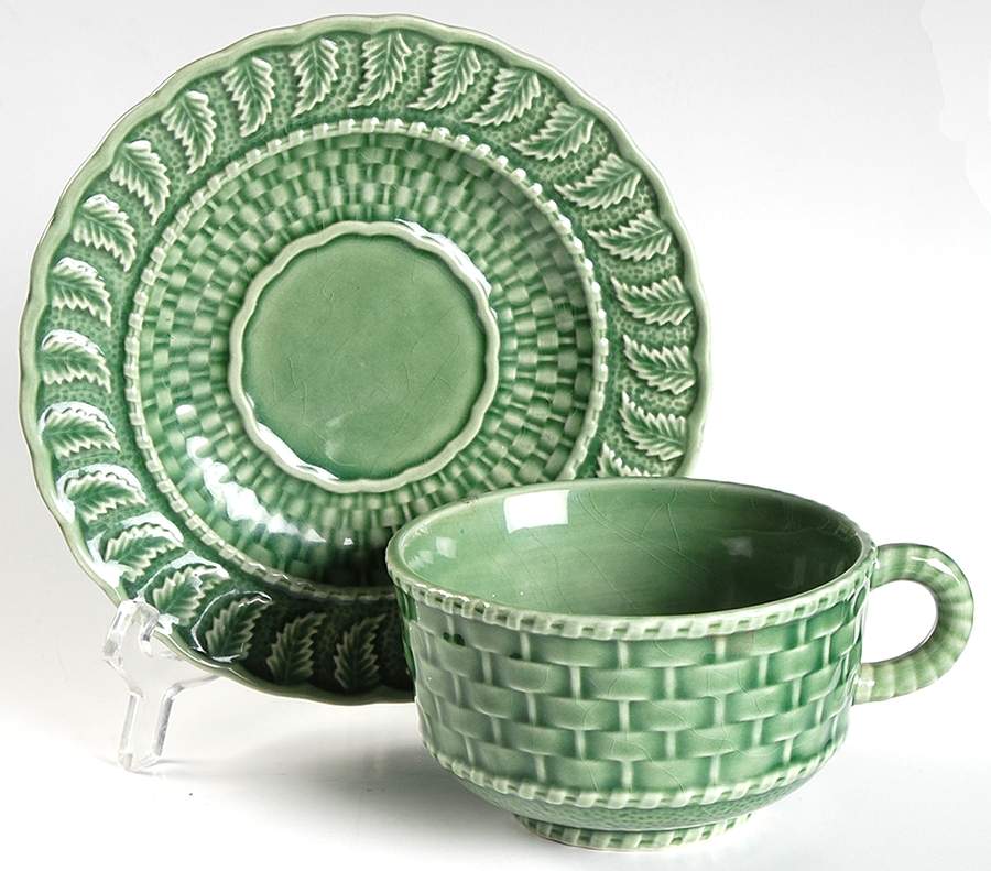 Basketweave Green Flat Cup & Saucer Set by Bordallo Pinheiro-1