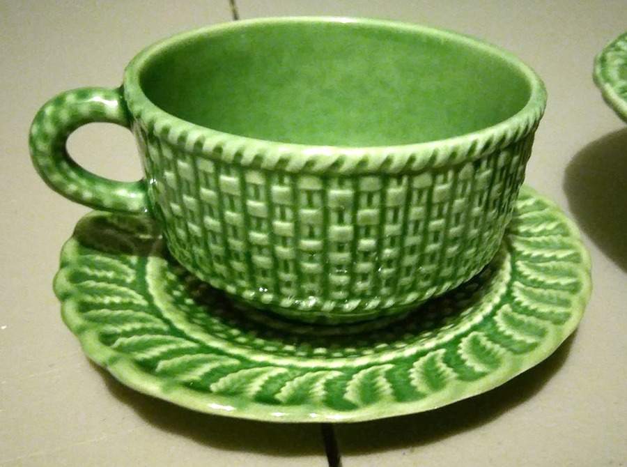 Basketweave Green Footed Cup & Saucer Set by Bordallo Pinheiro-1
