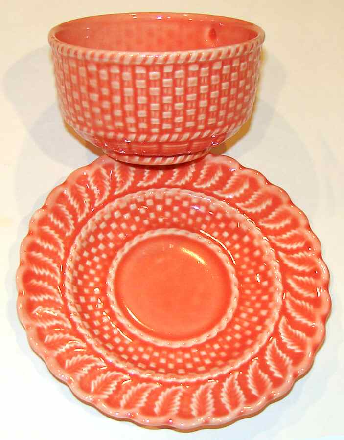 Basketweave Red Footed Cup & Saucer Set by Bordallo Pinheiro-1