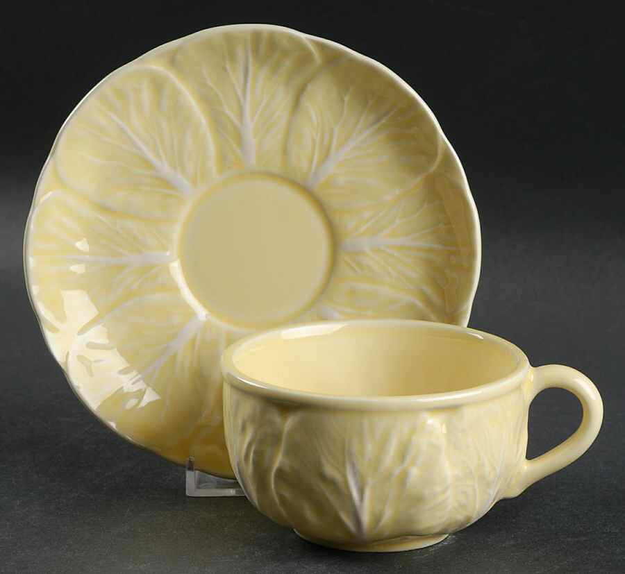 Cabbage Yellow Flat Cup & Saucer Set by Bordallo Pinheiro-1