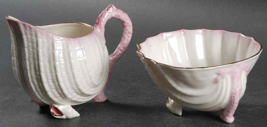 Neptune Pink (Gold Trim) Creamer & Open Sugar Set by Belleek Pottery (Ireland)-1