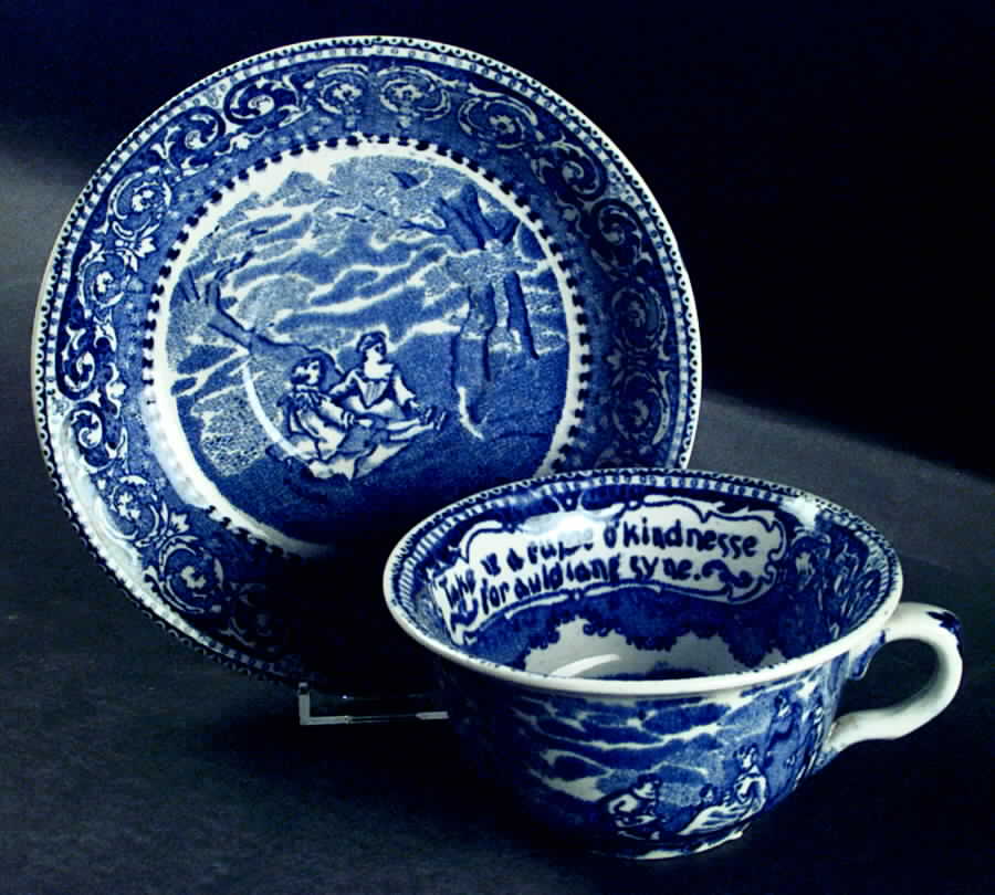 Ye Olde Historical Pottery Blue Joke Cup & Saucer Set by British Anchor-1