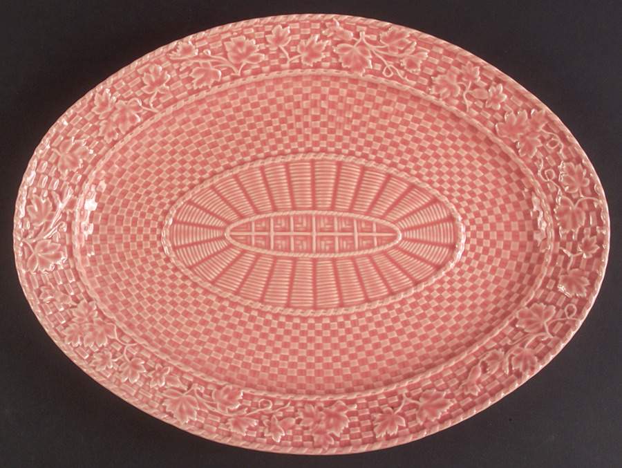 Basketweave Leaves Pink 15" Oval Serving Platter by Bordallo Pinheiro-1