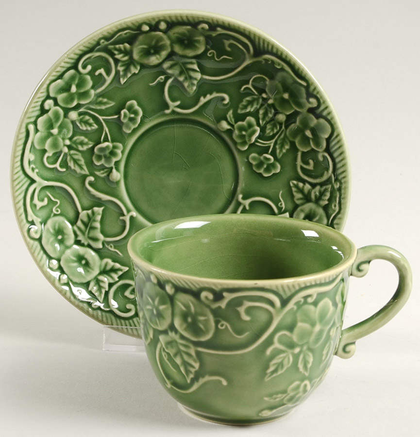 Flowers Green Flat Cup & Saucer Set by Bordallo Pinheiro-1