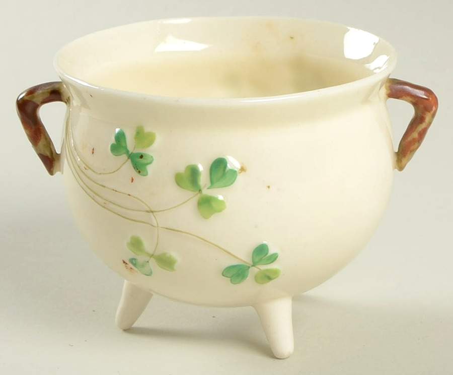 Shamrock (Older Black Backstamps) Mini Open Irish Pot Shape Sugar Bowl by Belleek Pottery (Ireland)-1