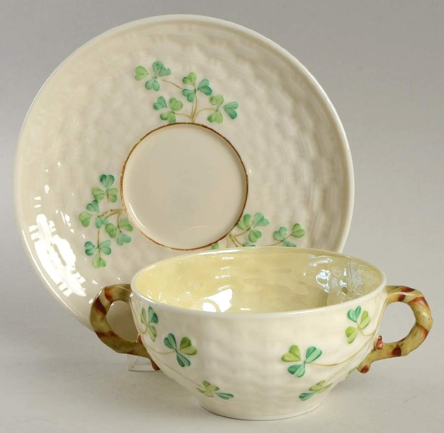 Shamrock (Older Black Backstamps) Flat Cream Soup Bowl & Saucer Set by Belleek Pottery (Ireland)-1