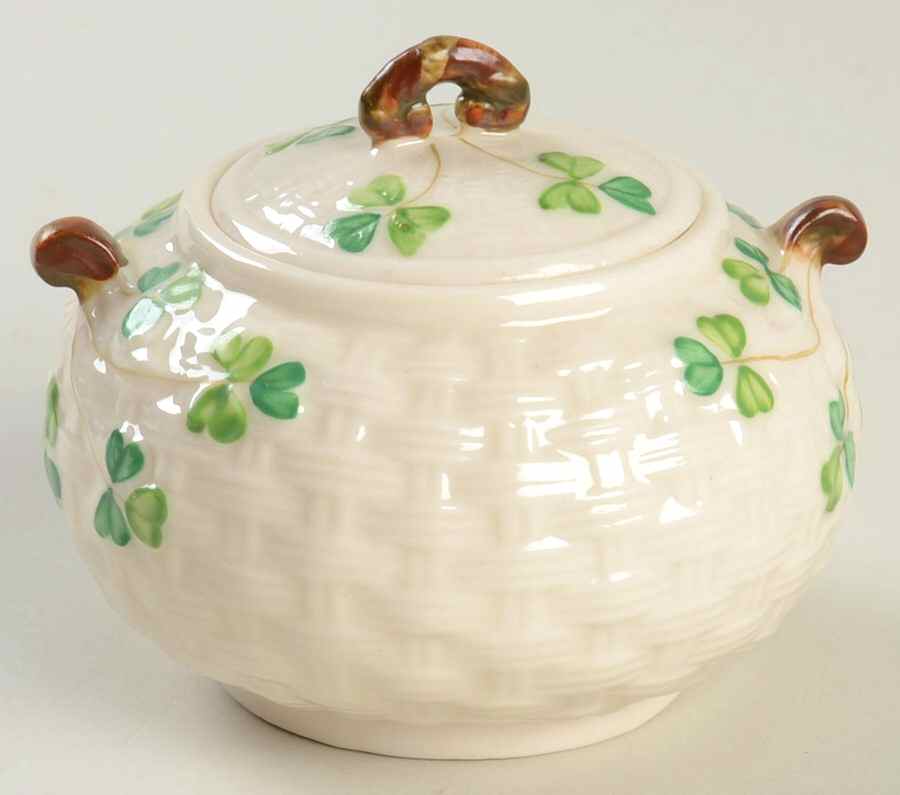 Shamrock (Older Black Backstamps) Mini Sugar Bowl & Lid by Belleek Pottery (Ireland)-1