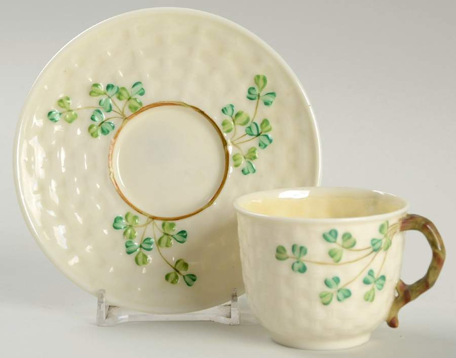 Shamrock (Older Black Backstamps) Flat Demitasse Cup & Saucer Set by Belleek Pottery (Ireland)-1