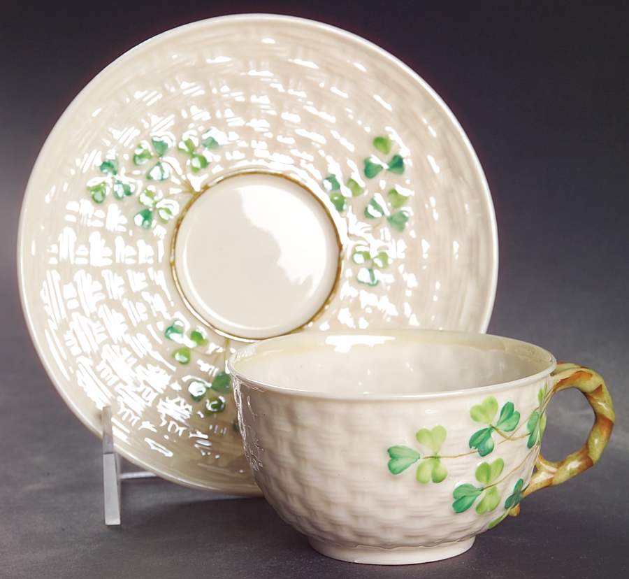 Shamrock (Older Black Backstamps) Flat Cup & Saucer Set by Belleek Pottery (Ireland)-1