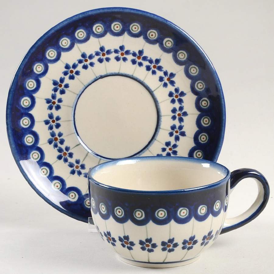Flowering Peacock Flat Cup & Saucer Set by BOLESLAWIEC-1