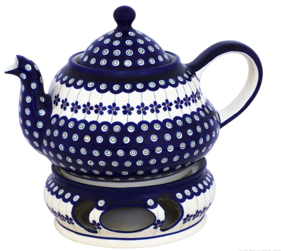 Flowering Peacock Teapot & Warmer Stand by BOLESLAWIEC-1