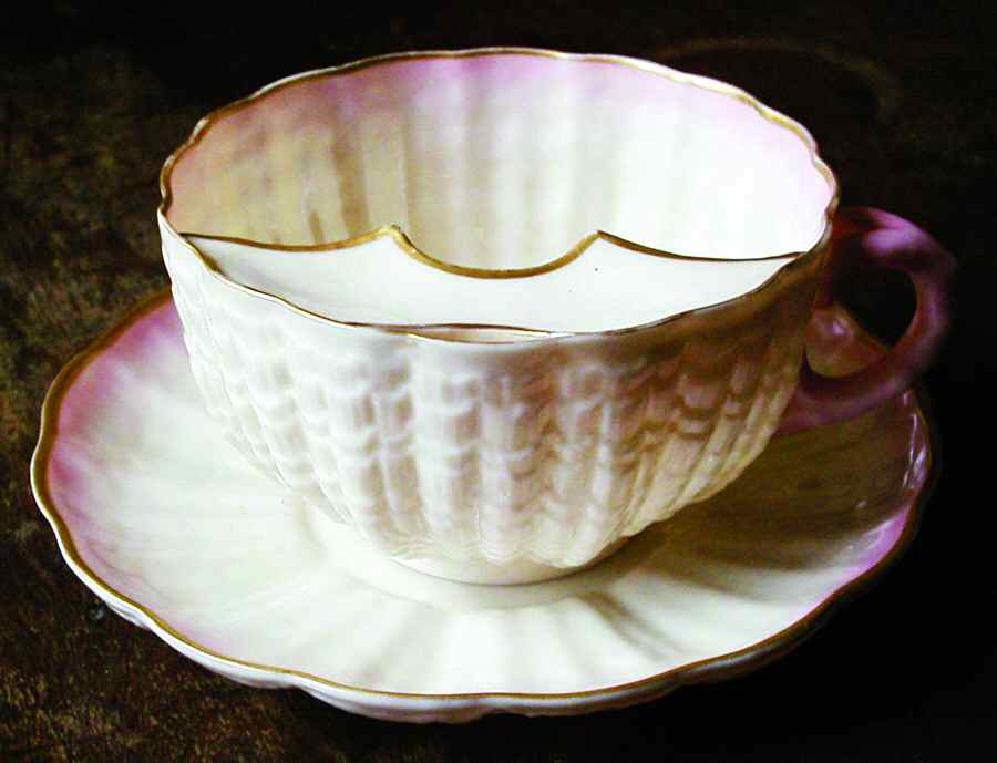 Tridacna Pink (Gold Trim) Mustache Cup & Saucer Set by Belleek Pottery (Ireland)-1