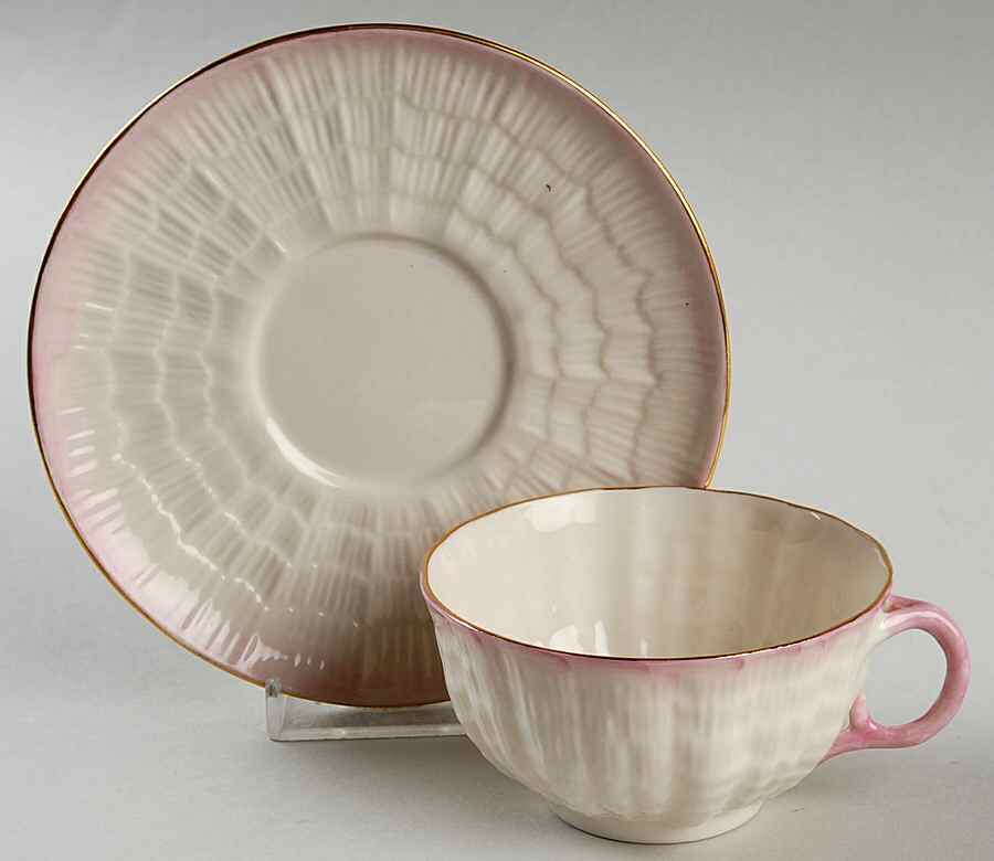 Tridacna Pink (Gold Trim) Flat Cup & Saucer Set by Belleek Pottery (Ireland)-1