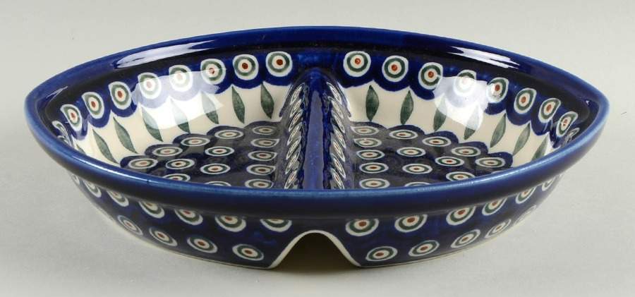 Peacock 10" Oval Divided Vegetable Bowl by BOLESLAWIEC-1