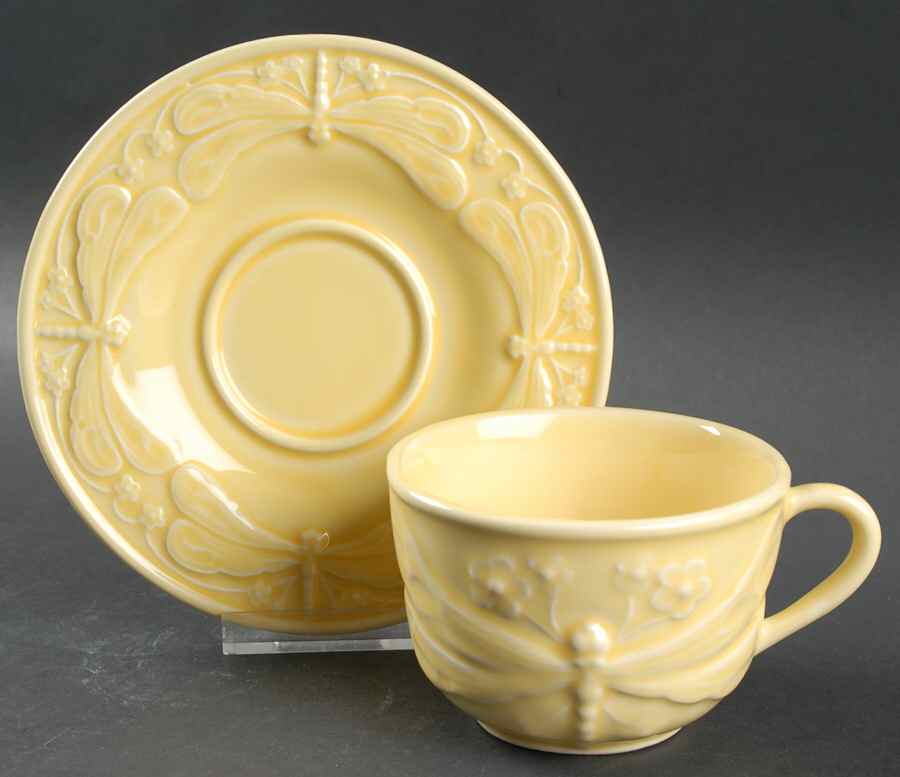 Dragonfly (Yellow) Flat Cup & Saucer Set by Bordallo Pinheiro-1