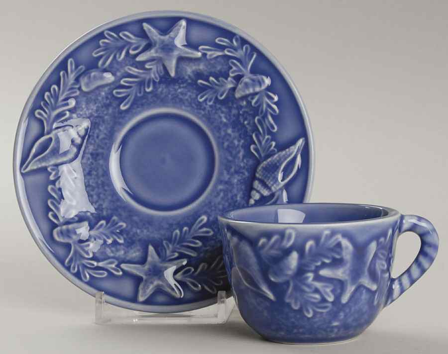 Seashell Service Blue Flat Demitasse Cup & Saucer Set by Bordallo Pinheiro-1