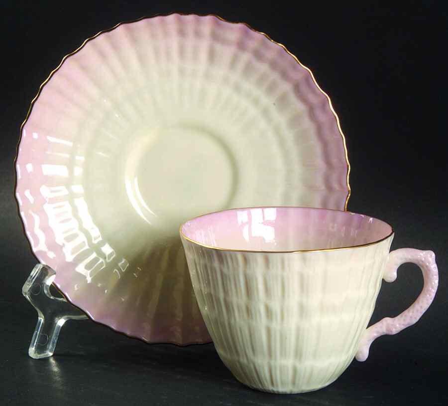 Limpet Pink (Gold Trim) Flat Cup & Saucer Set by Belleek Pottery (Ireland)-1