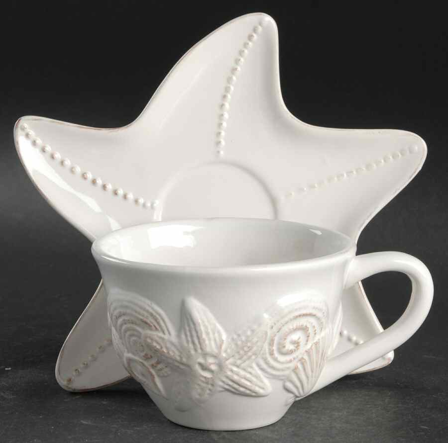 Seahorse and Seashell Menagerie White Flat Cup & Saucer Set by Blue Sky-1