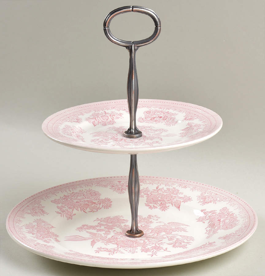 Asiatic Pheasants Pink 2 Tiered Serving Tray (Dinner & Salad Plate) by Burgess & Leigh-1