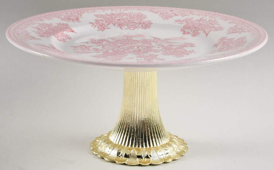 Asiatic Pheasants Pink Cake Stand with 4"-5" Metal Pedestal  Hc by Burgess & Leigh-1