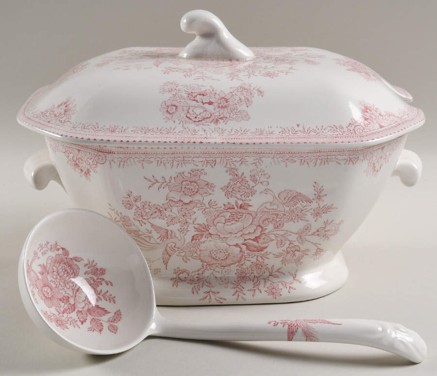 Asiatic Pheasants Pink Rectangular Tureen & Lid with Ladle by Burgess & Leigh-1
