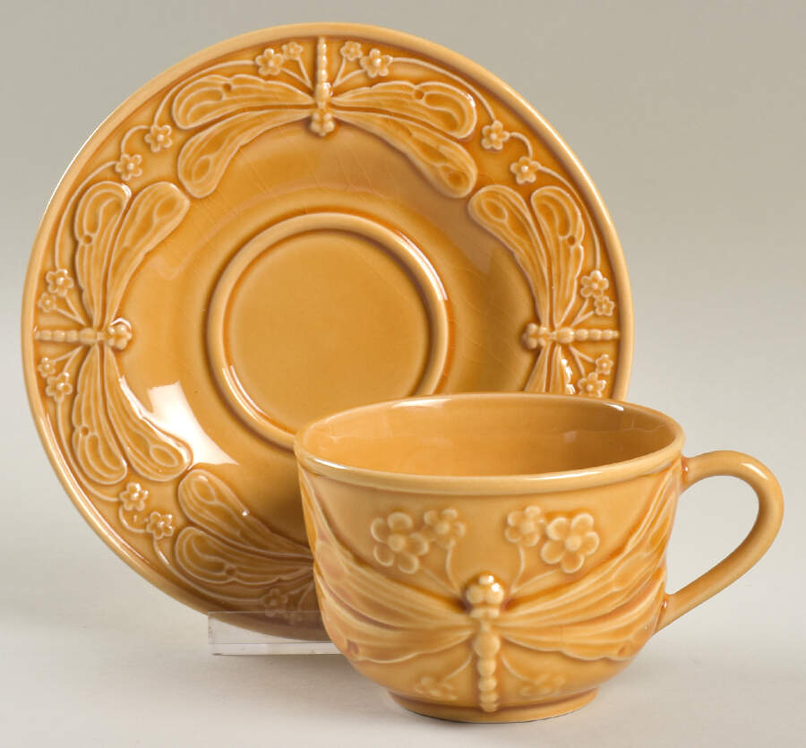 Dragonfly Honey Gold Flat Cup & Saucer Set by Bordallo Pinheiro-1
