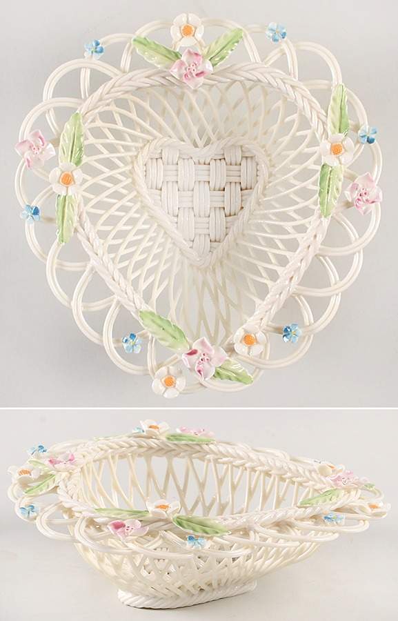 Basketware Flowers of Spring Heart Basket by Belleek Pottery (Ireland)-1