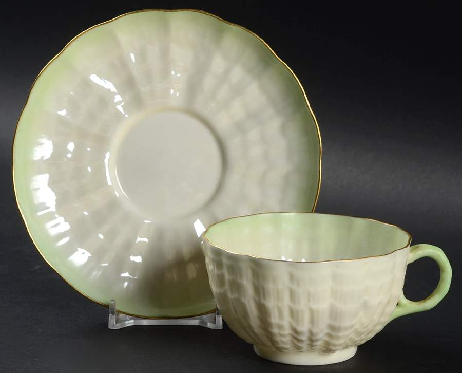 Tridacna Green (Gold Trim) Flat Cup & Saucer Set by Belleek Pottery (Ireland)-1