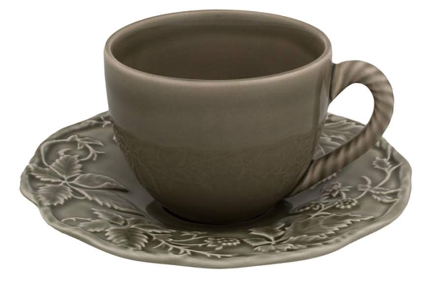 Artichoke and Bird Dark Grey Flat Cup & Saucer Set by Bordallo Pinheiro-1