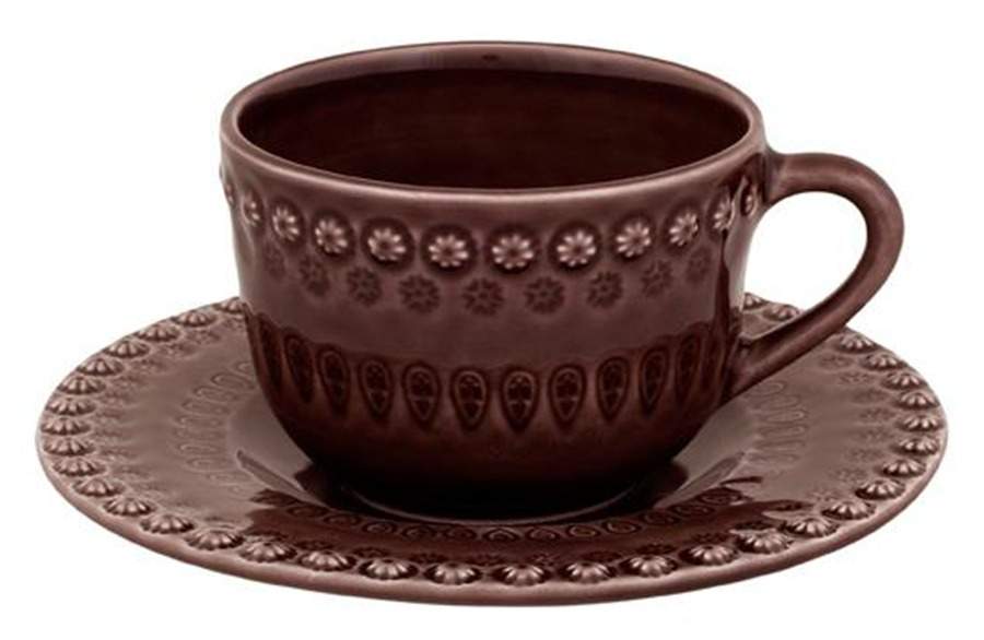 Fantasia (Fantasy) Cocoa Brown Flat Cup & Saucer Set by Bordallo Pinheiro-1