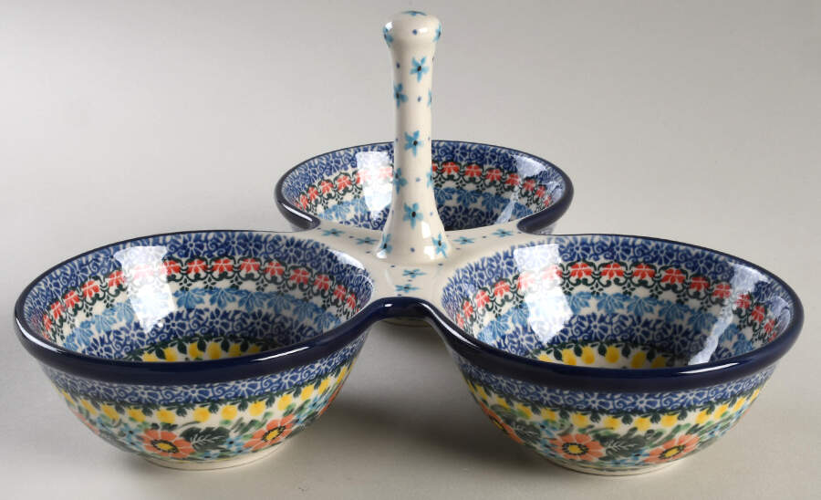 Hummingbird 3-Part Relish with Center Ceramic Handle by BOLESLAWIEC-1