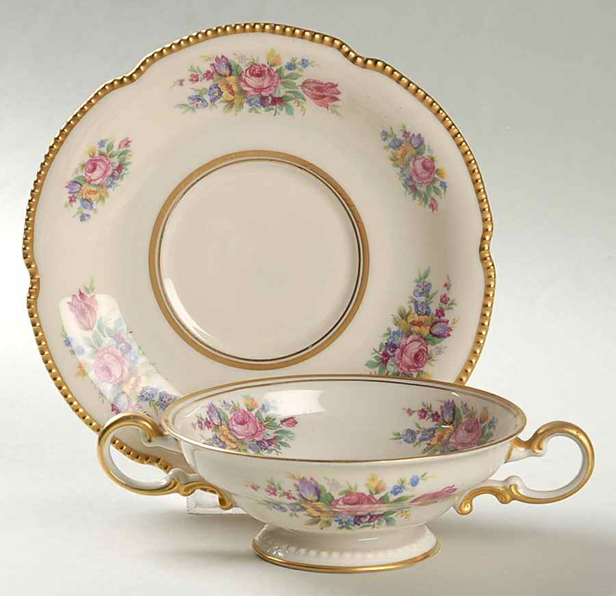 Castleton Bouquet Footed Cream Soup Bowl & Saucer Set by Castleton (USA)-1