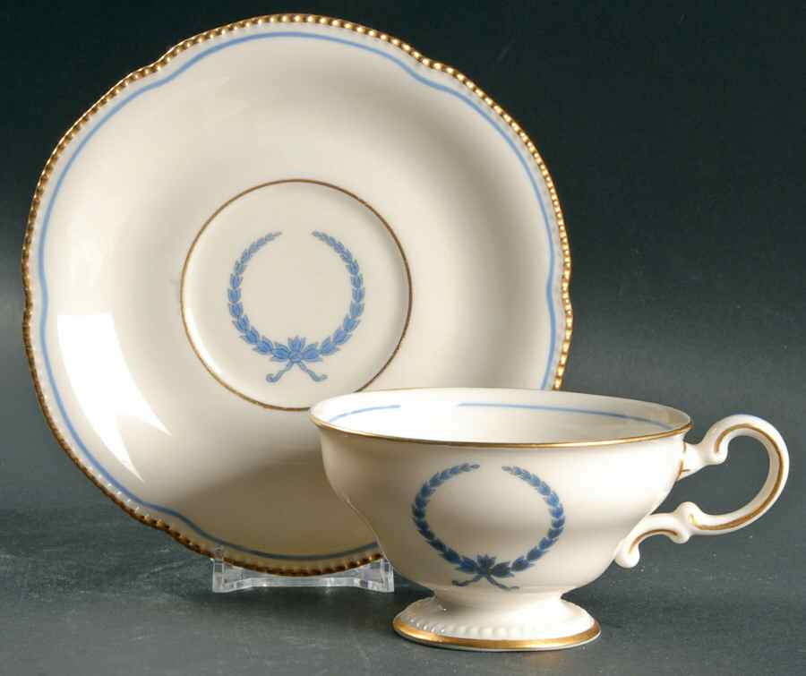 Empire (Blue Wreath, Gold Trim) Footed Cup & Saucer Set by Castleton (USA)-1