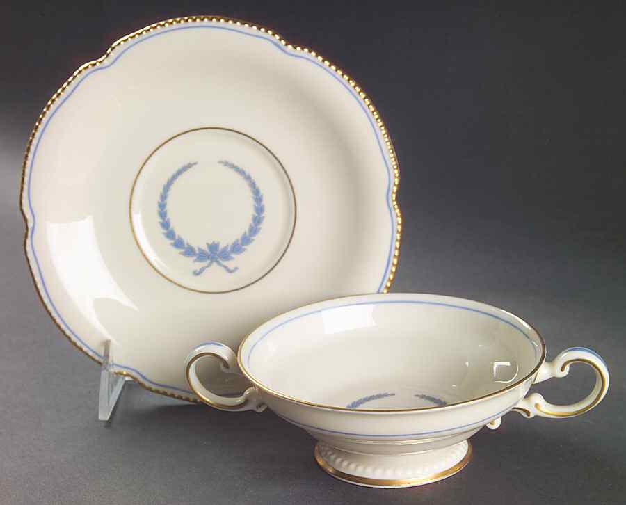 Empire (Blue Wreath, Gold Trim) Footed Cream Soup Bowl & Saucer Set by Castleton (USA)-1