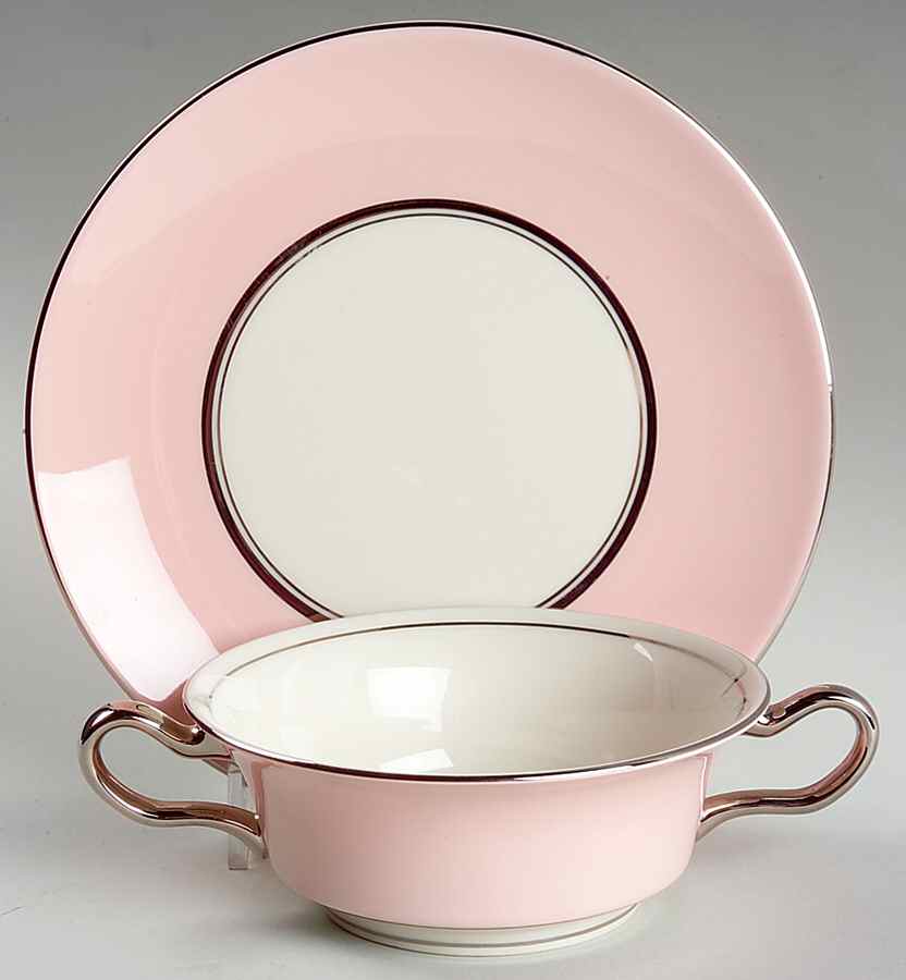 Shell Pink Footed Cream Soup Bowl & Saucer Set by Castleton (USA)-1