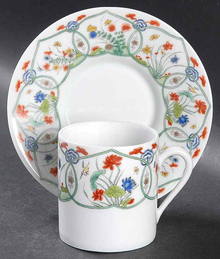 Jardin Chinois  (White Background) Flat Demitasse Cup & Saucer Set by Ceralene-1
