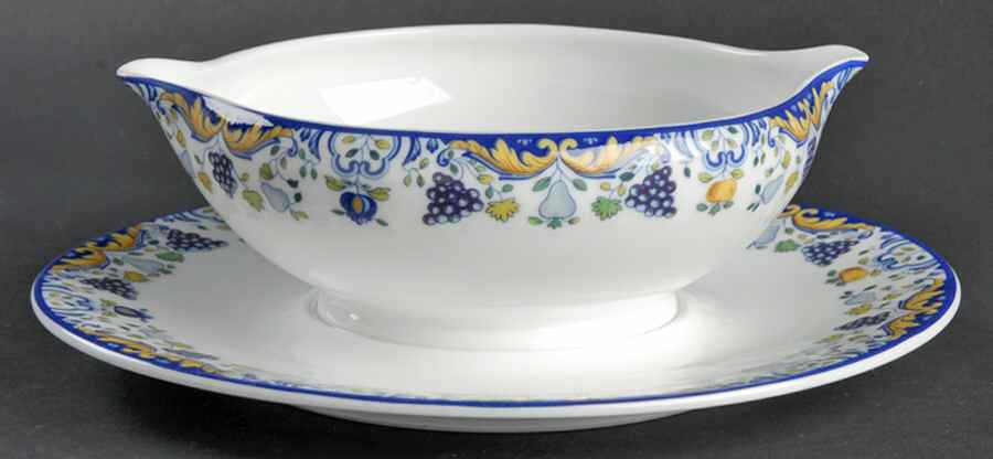 Vendanges (Blue Trim) Gravy Boat with Attached Underplate by Ceralene-1
