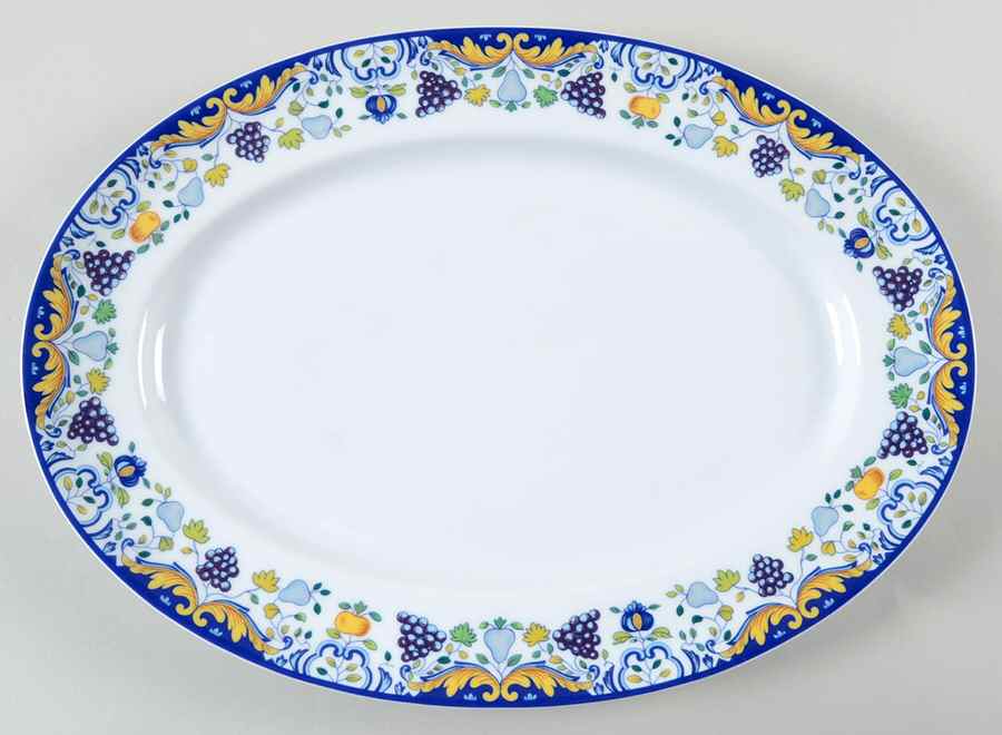 Vendanges (Blue Trim) 14" Oval Serving Platter by Ceralene-1