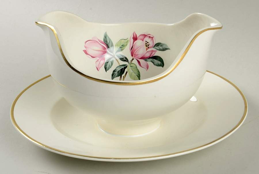 Pink Magnolia Gravy Boat with Attached Underplate by Charm House-1