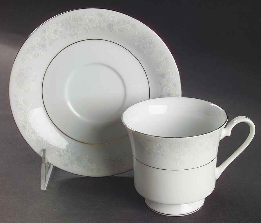 Annie (White & Gray Desgn) Footed Cup & Saucer Set by China Pearl-1