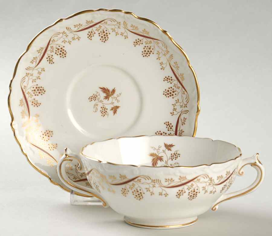 Burgundy Footed Cream Soup Bowl & Saucer Set by Coalport-1