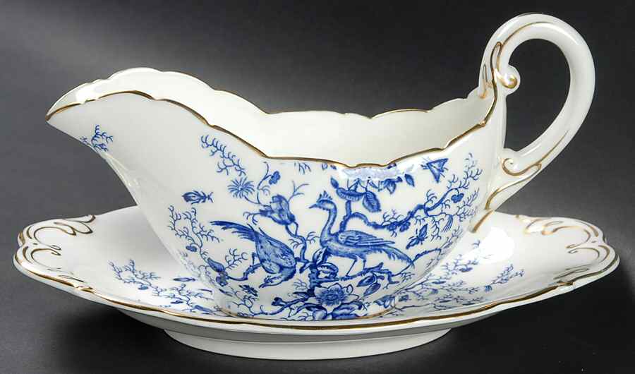 Cairo Blue On White (Raised Edge, Gold) Gravy Boat & Underplate by Coalport-1